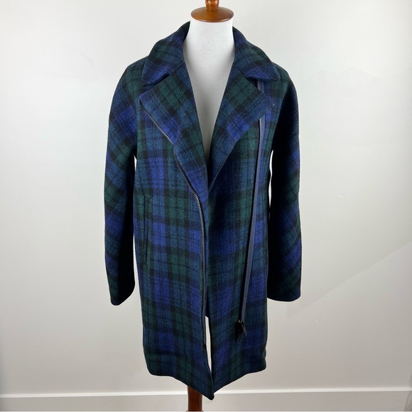 J. Crew Wool Zippered Coat Black Watch Tartan Size 4 Classic Academia Peacoat - Picture 2 of 15